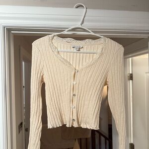Topshop Cream Ribbed Cardigan with Lace Trim